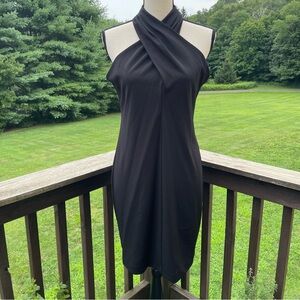 Eliza J little black dress sheath cocktail formal crossover hi neck lbd lined 8